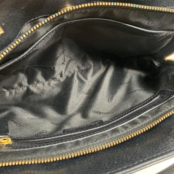 Calvin Klein Black Metallic Gold Tan Structured Satchel Buckle Lock Key EUC - Picture 11 of 16
